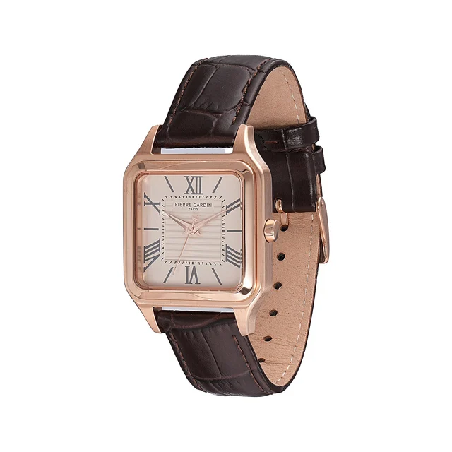 Ménilmontant Carré Men’s Square Watch - Rose Gold Case, Salmon Dial with Brown Leather Str