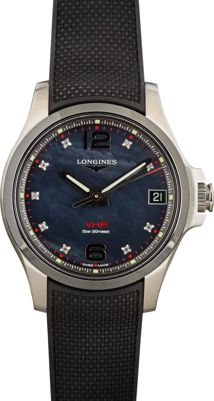 Longines Conquest V.H.P. Black Mother of Pearl Diamond Dial L3.319.4.88.9 36 mm kol saati