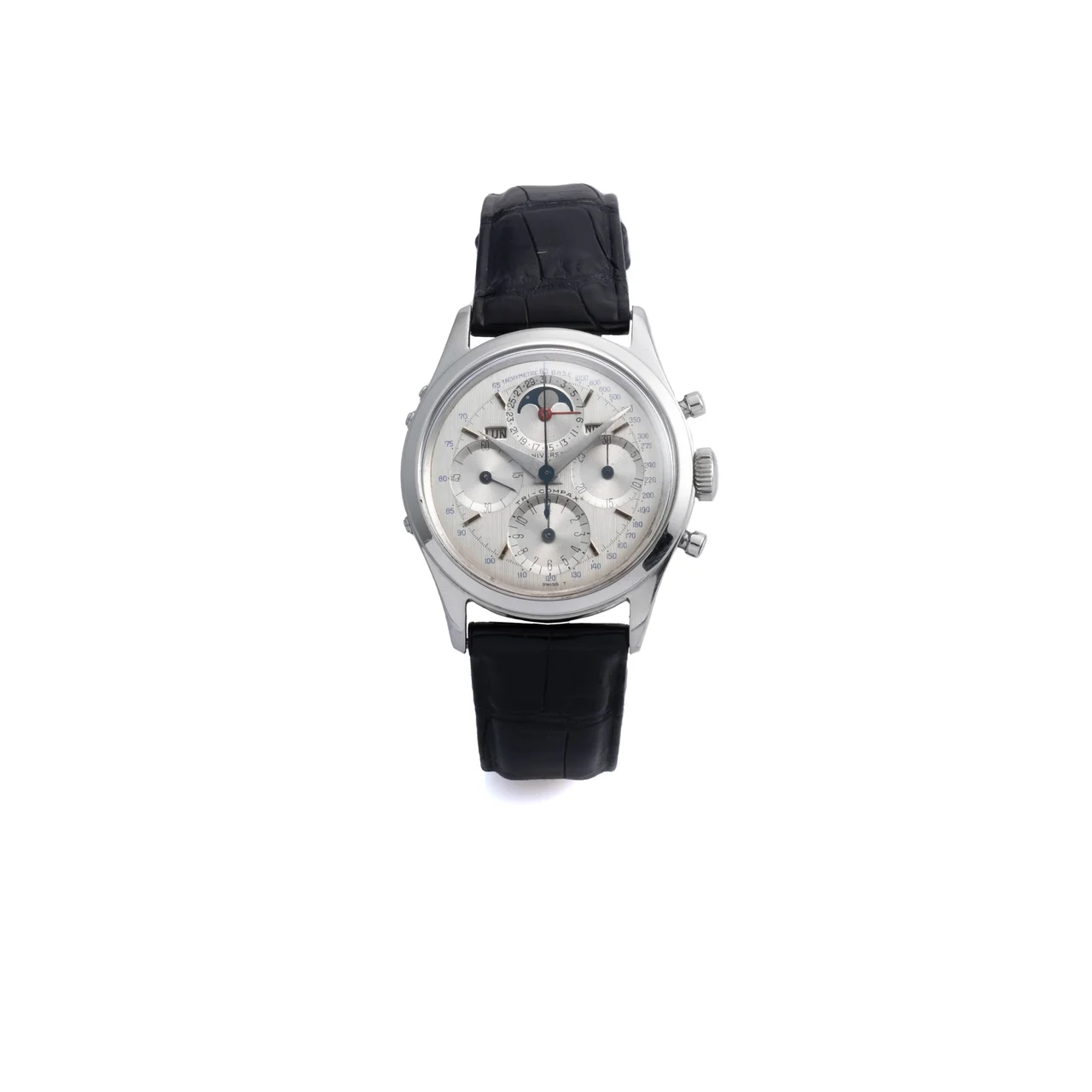 Universal Ref. 22297-2, chronograph, minute and hour counters, triple date à guichets (with apertures), moon phases, calibre 281, silver dial; “Tri-Compax”; stainless steel kol saati