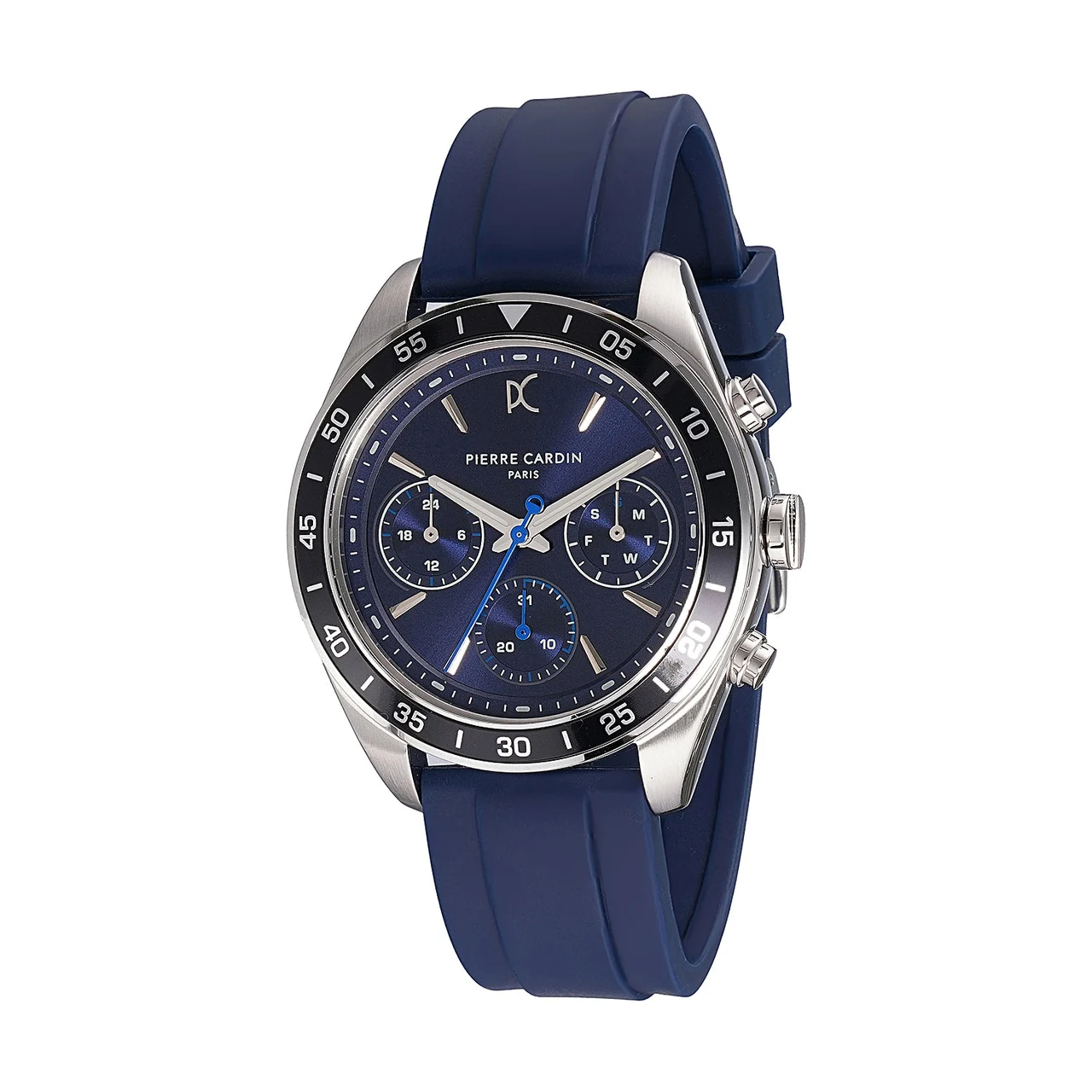 NATION Cristal Men’s 42mm Multifunction Watch - Silver Case, Blue Dial, Black Bezel with Blue Silicone Strap CF.1004.PD 42 mm kol saati