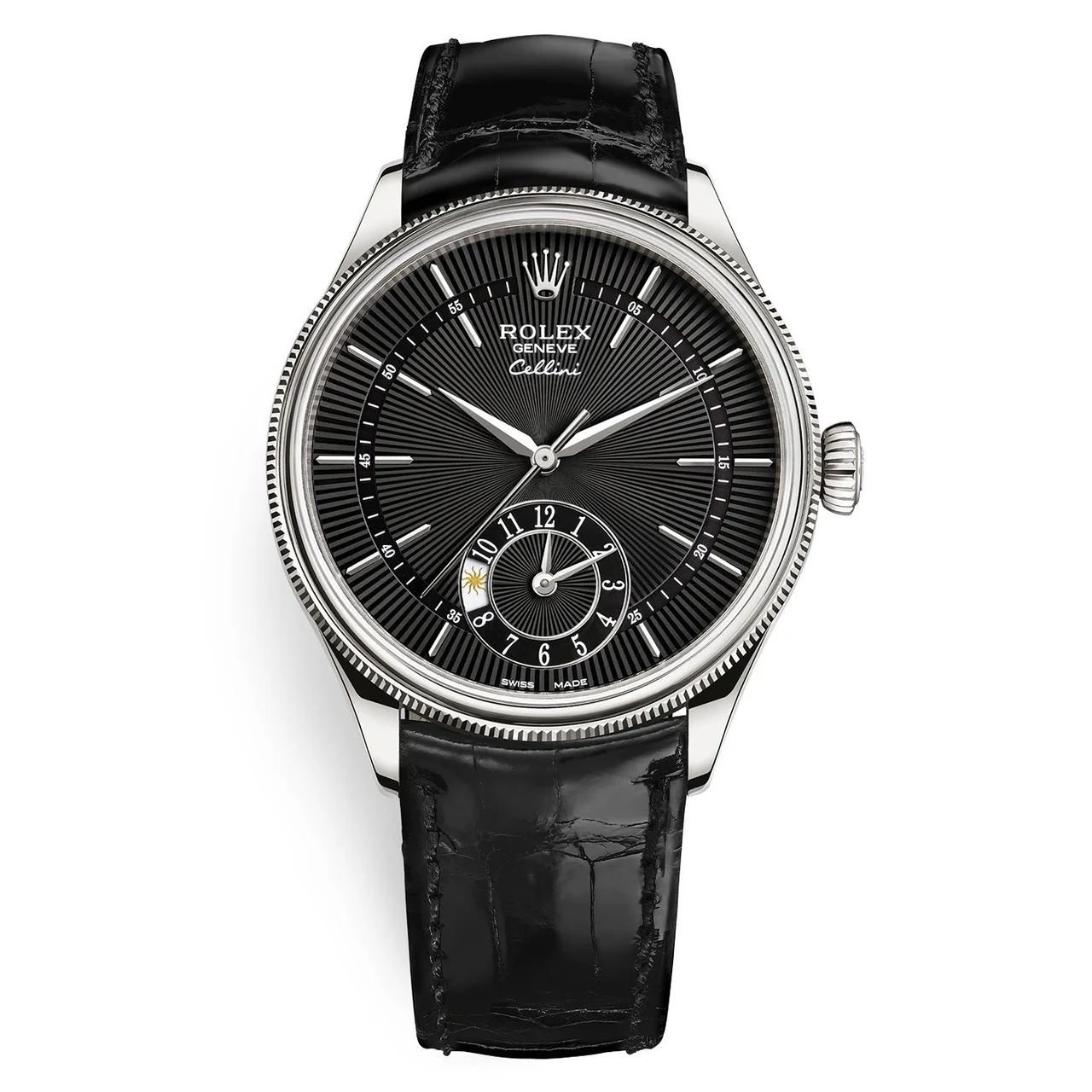 Rolex Cellini 50529 Black Dial Leather Strap Dual Time 39mm 39 mm kol saati