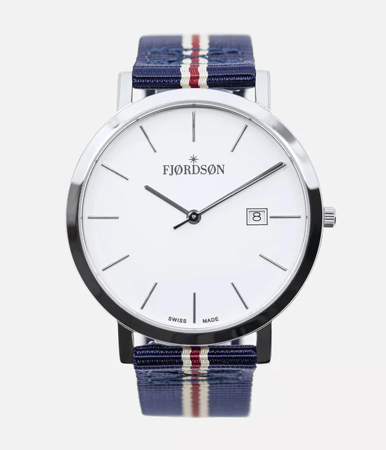 Fjordson White Dial With Striped Navy Blue Nato Strap #9142 | White Dial With Striped Navy