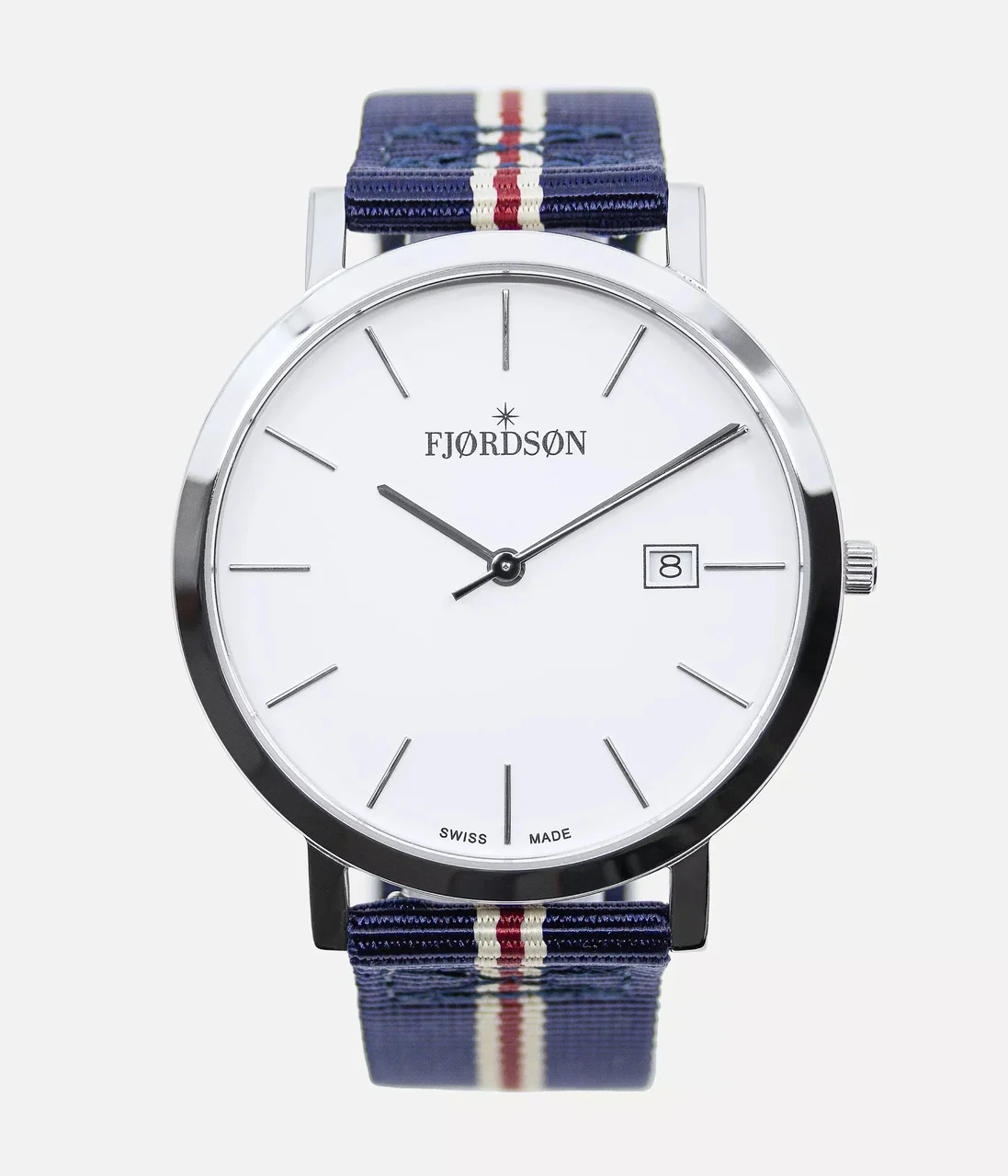 Fjordson White Dial With Striped Navy Blue Nato Strap #9142 | White Dial With Striped Navy Blue Nato Strap - Men's 42 mm kol saati