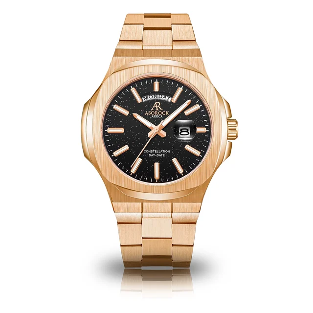 ASOROCK WATCHES Rosegold/Black plain Constellation Day Date kol saati