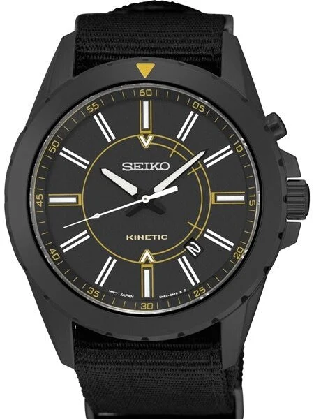 Seiko Kinetic Black Ion-Plated 42mm Field Watch with Power Reserve #SKA705 42 mm kol saati