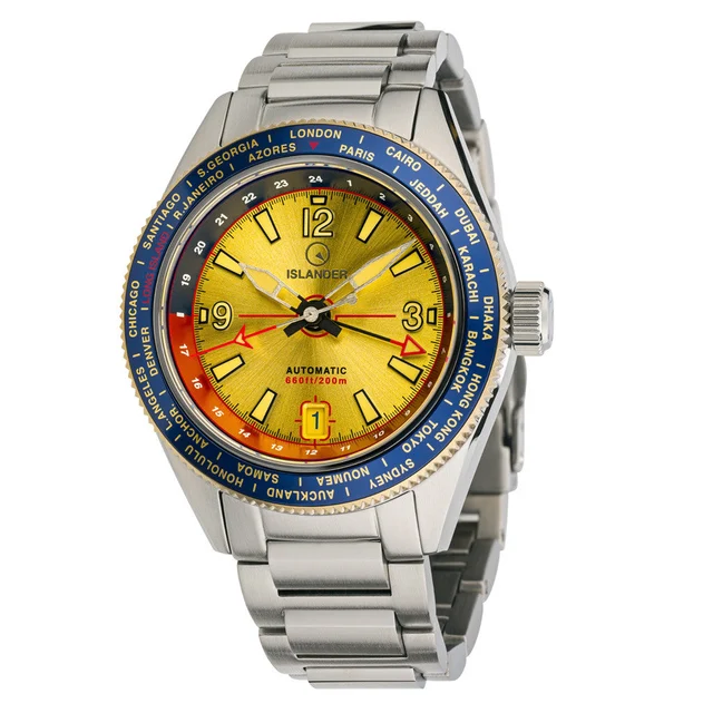 Islander Calabro GMT World Time Automatic Watch with Gold Dial #ISL-191 kol saati