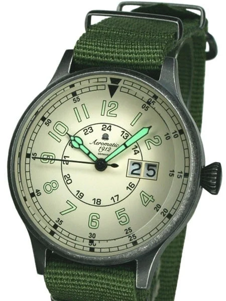 Aeromatic Retro Military Watch with Big Date and Aged Patina Case #A1254G kol saati
